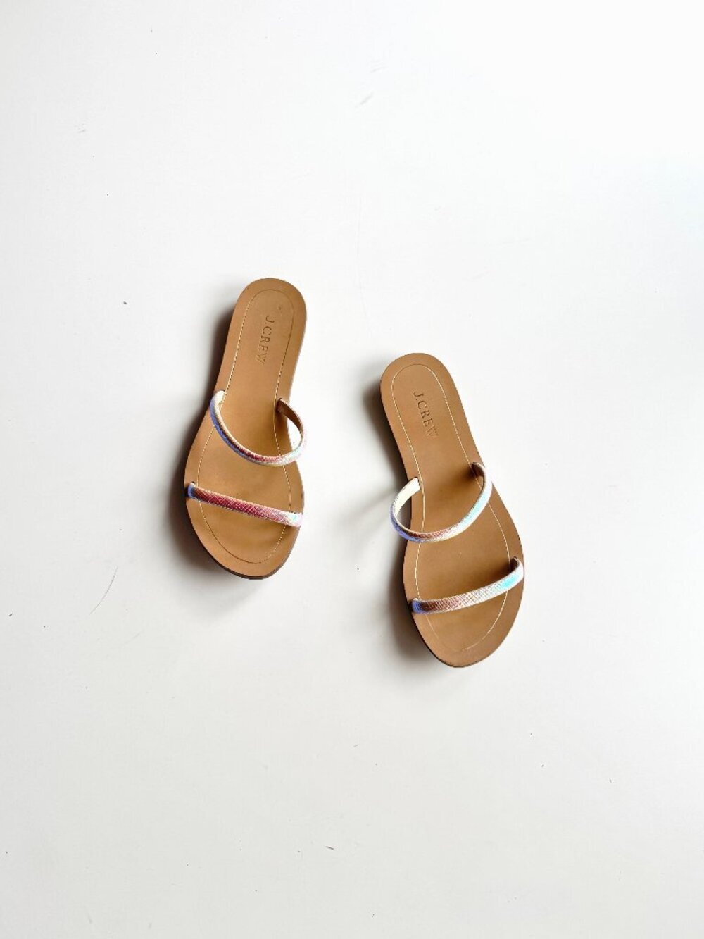 J.CREW Isla Iridescent Crosshatch Leather Flat Slides Sandals, Size 7